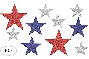 AMSCAN Patriotic Mini Cutouts - 4", 5.5", 7" (Pack of 10) - Red, White & Blue Glittered Stars, Perfect for July 4th, USA-Themed Parties & Events