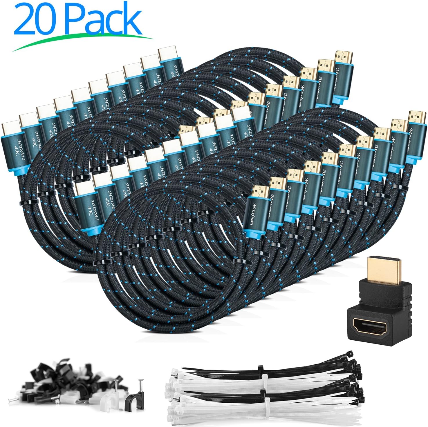 Maximm High-Speed HDMI 2.0 4K Nylon Braided Cable, 3 Feet, 20-Pack (Includes Cable Clips, Ties and Right Angle Adapter)