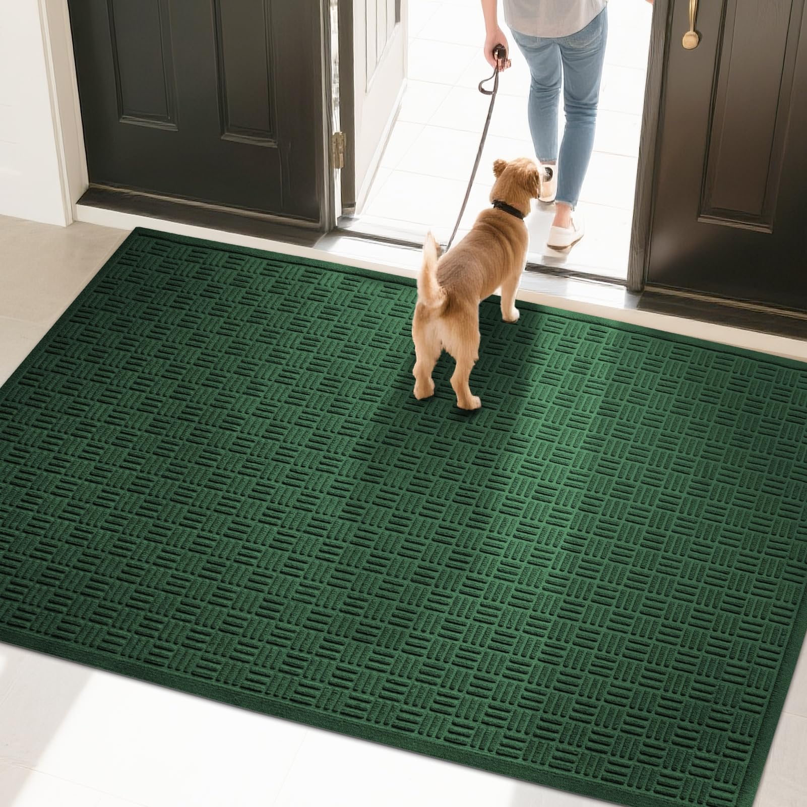 Mibao Front Door Mat Indoor Outdoor Entrance, Dirt Trapping Waterproof All-Season, All-Weather Doormat, Non-Slip Durable Natural Rubber Low Profile Easy Clean Patio Entrance Mat, 61.5" x 36", Green Image