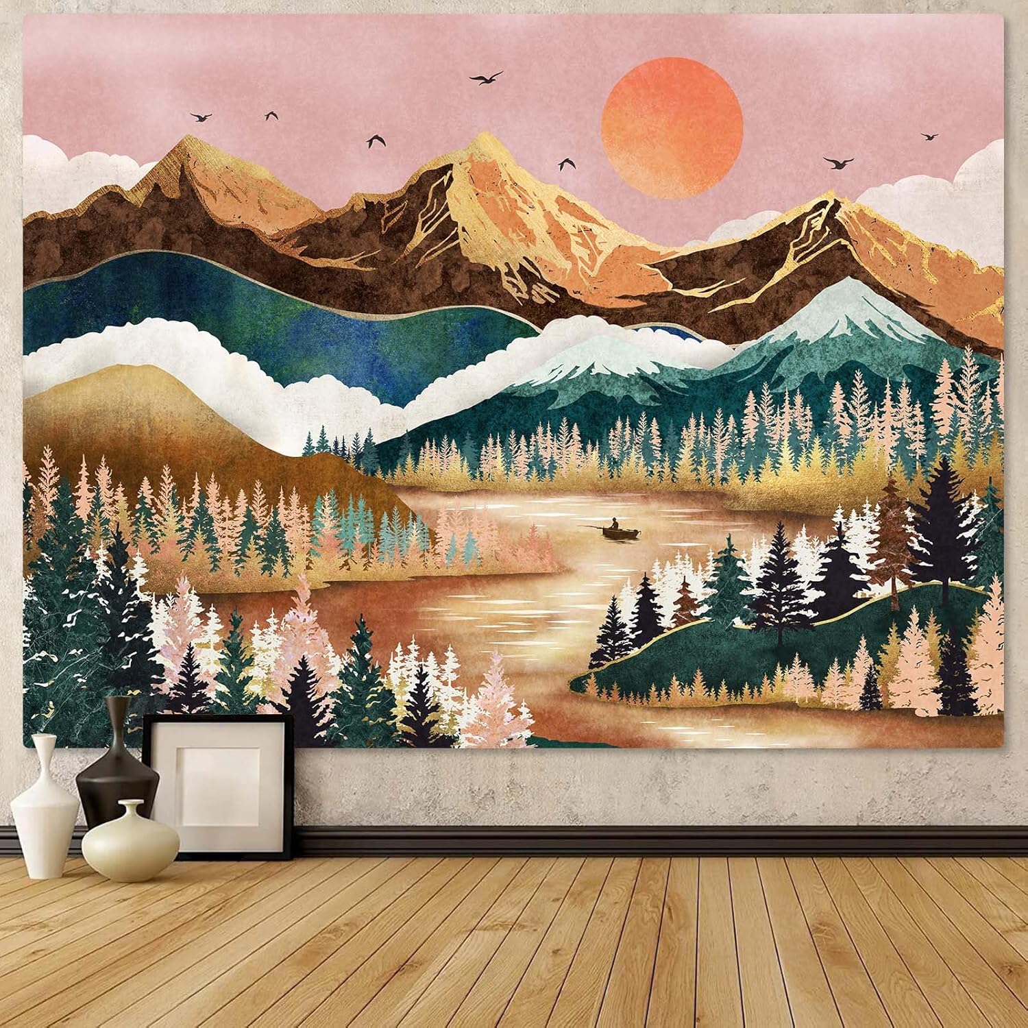 Tapestries - Zussun Mountain Tapestry Nature Forest Tree Tapestries for Bedroom Aesthetic Sunset Tapastry's Wall Hanging Orange and Green Landscape Wall Tapestry for Living Room Dorm (Orange, 80'' × 60'')