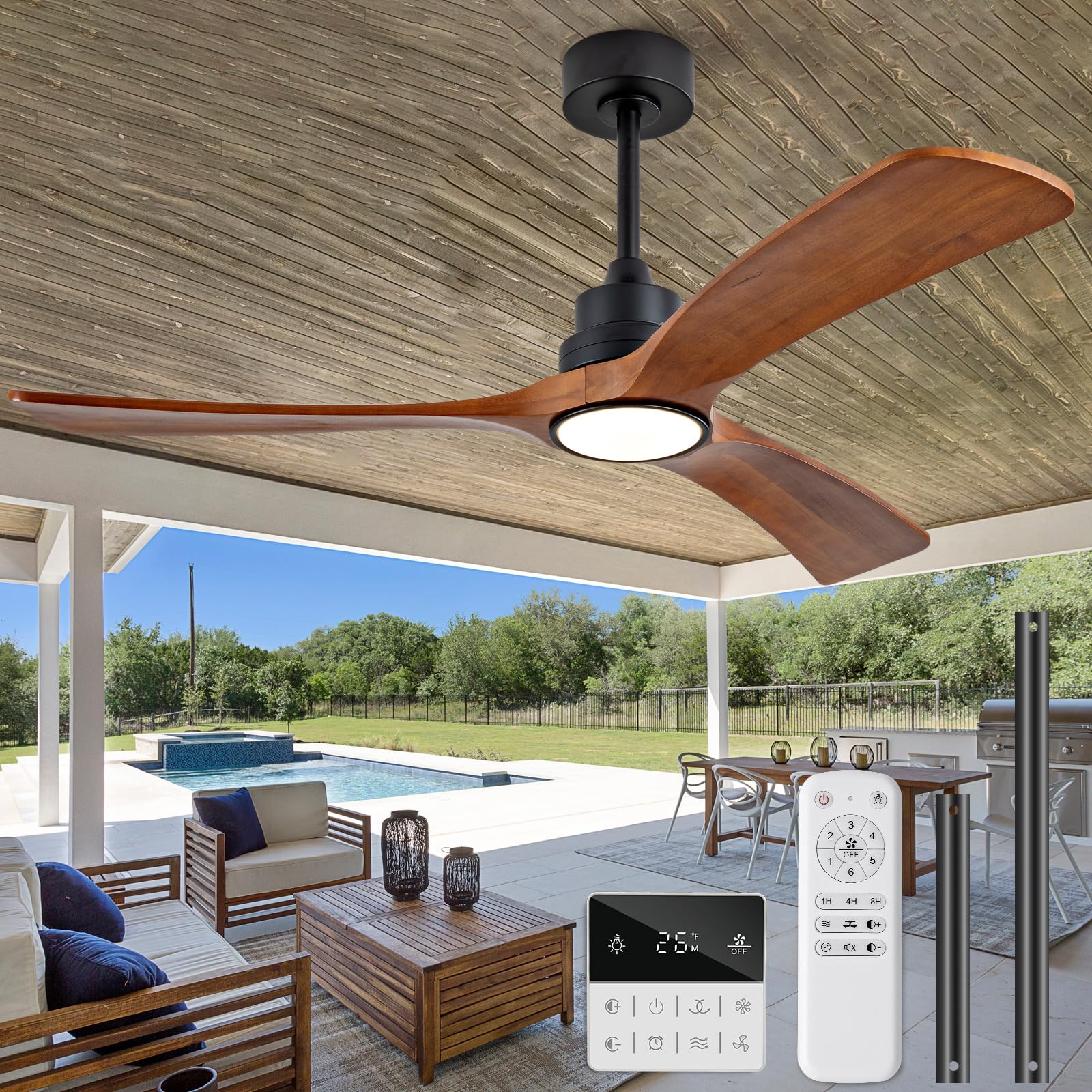Photo 1 of **POSSIBLY FOR PARTS / UNKNOWN DAMAGES*** OMYU 52 inch Ceiling Fans with Lights and Remote Control,Wall Switch,Solid Wood Blades,Dimmable,Reversible Noiseless,Power Off Memory Modern Black Ceiling Fan for Bedroom Patio Indoor/Outdoor Use