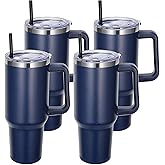 DOMICARE 40 oz Tumbler with Handle and Straw, Stainless Steel Tumbler with Lid and Straw, Reusable Vacuum Insulated Cup, Travel Coffee Mug, Navy Blue, 4Pack