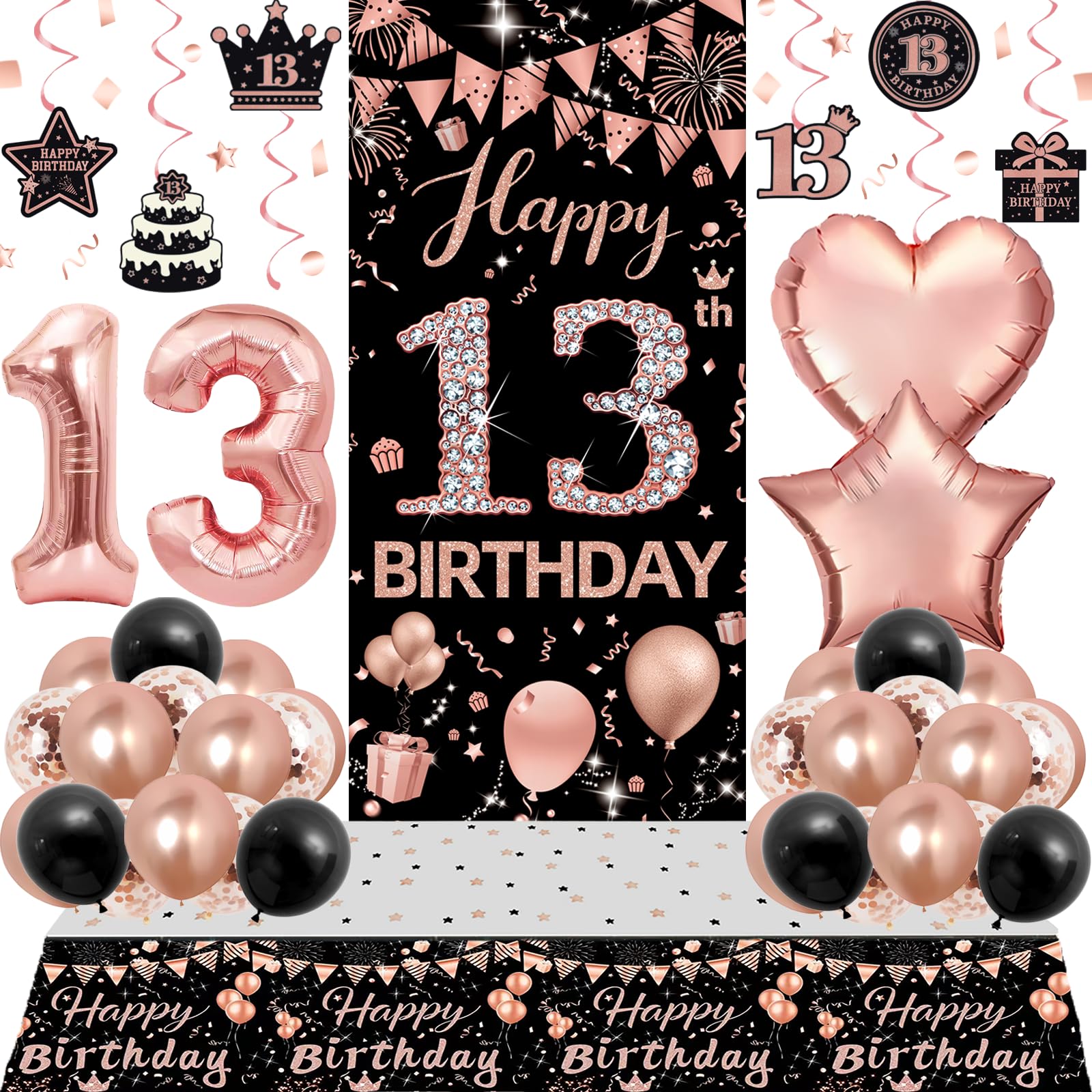 Photo 1 of 13th Birthday Decorations for Girls, Happy 13th Birthday Decorations Girl Rose Gold and Black, 13 Year Old Girl Birthday Decorations, 13 Balloon Numbers 13th Birthday Banner Door Backdrop Tablecover