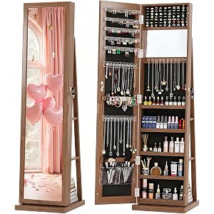 FAVSH 4-In-1 Jewelry Armoire with Jewelry Organizer Storage, Brown | Jewelry Cabinet with Full-Length Mirror, 3 Storage Shelv