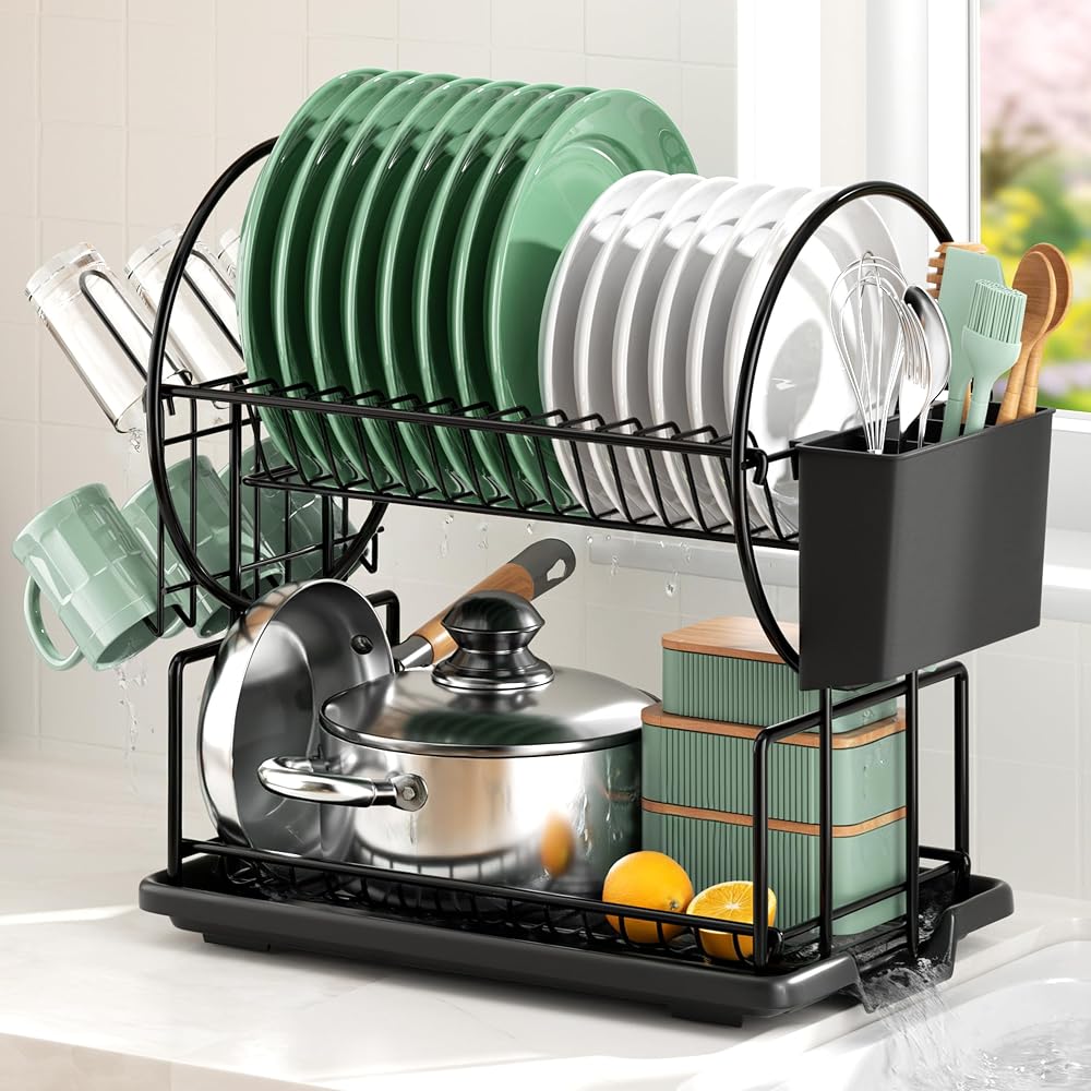 niffgaff 2-Tier Black Dish Drying Rack with Drip Tray Utensil Cup Holder