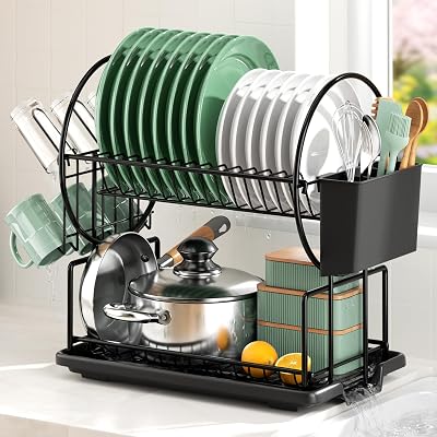 niffgaff 2-Tier Black Dish Drying Rack with Drip Tray Utensil Cup Holder