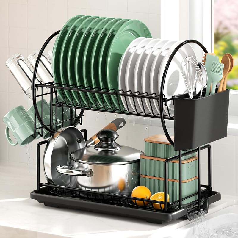 niffgaff 2-Tier Black Dish Drying Rack with Drip Tray Utensil Cup Holder