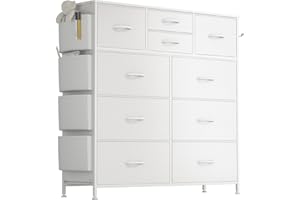 Lulive White Dresser for Bedroom with 10 Drawers, Chest of Drawers with Side Pockets and Hooks, PU Storage Dresser, Organizer Unit for Living Room, Hallway, Closet (White)