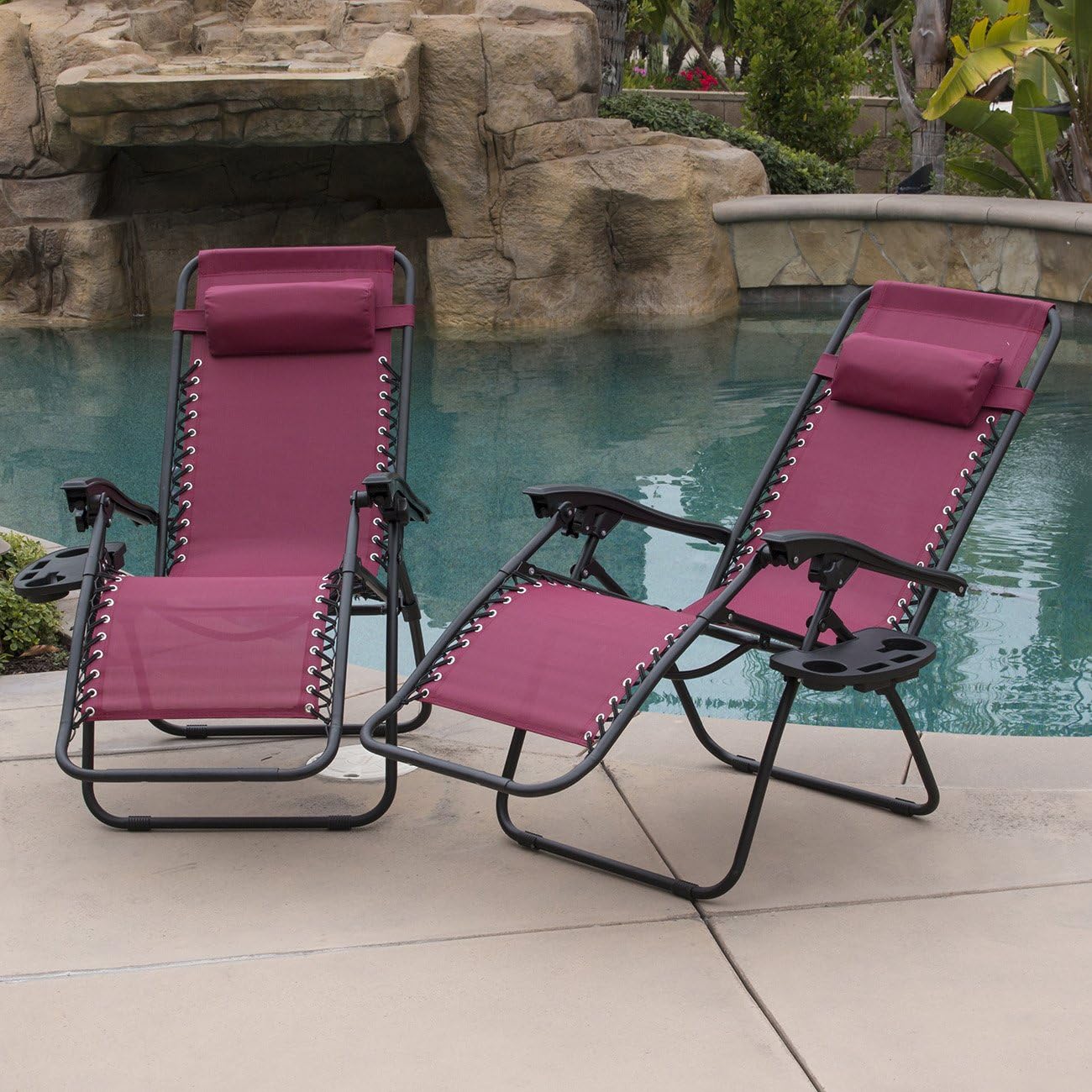 Amazon Com Belleze Burgundy Anti Gravity Chairs Set Of 2 Adjustable Reclining W Utility Tray Cup Recliner Patio Chair Seat Backyard Garden Outdoor