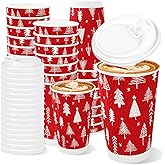 JarThenaAMCS 100Pcs Christmas Disposable Coffee Cups with Lids Paper Cups Red White Xmas Tree Corrugated Ripple Wall Insulated Hot Cup for Xmas Winter Supplies, 16oz
