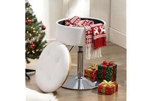 LUE BONA 360°Swivel Vanity Stool Chair for Makeup Room, Height Adjustable Stool for Vanity with Storage, Small White Faux Leather for Bathroom, Living Room