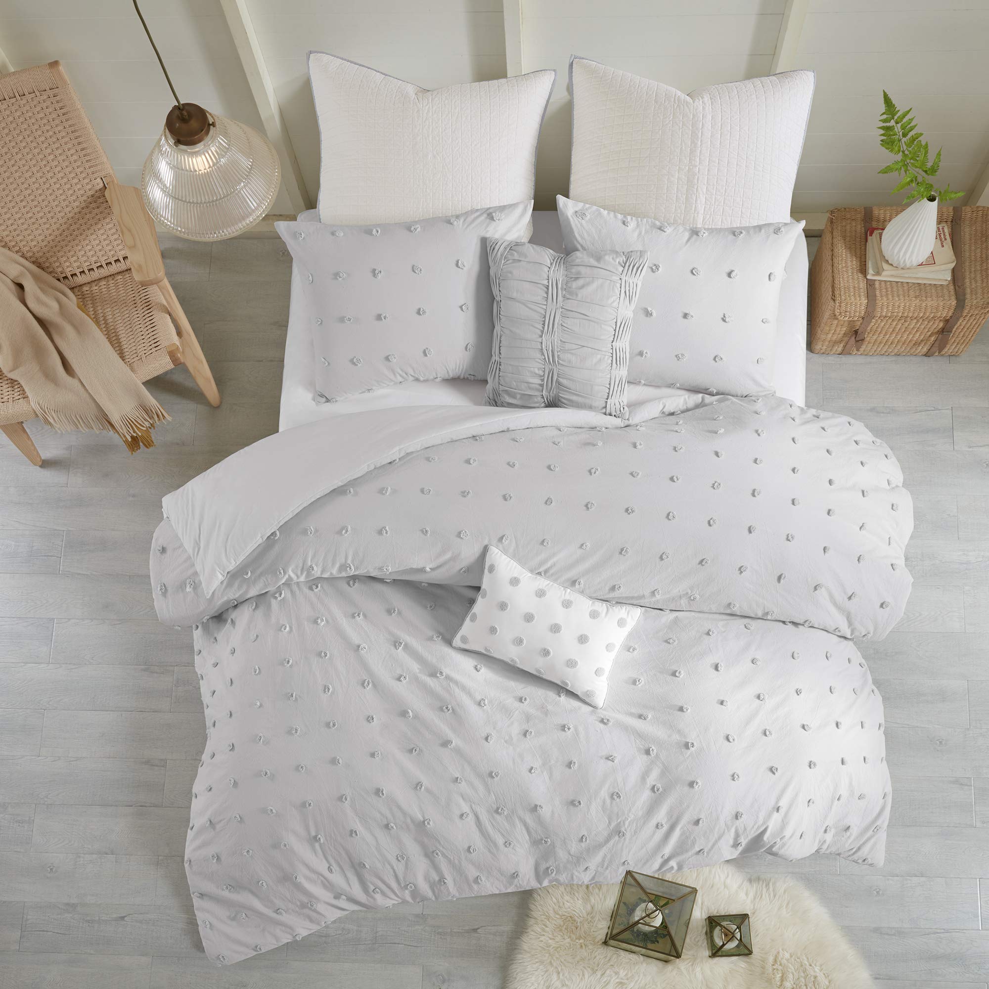 Intelligent Design Duvet Set 100% Cotton Jacquard, Tufts Accent, Shabby Chic All Season Cover for Comforter, Matching Shams, Decorative Pillows, Full/Queen (88 in x 92 in), Grey 7 Piece Image