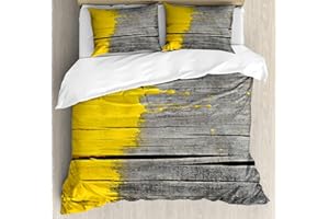 Ambesonne Yellow Duvet Cover Set, Wooden Board Paint Splashes Brush Stroke Grunge Design Elements, Decorative 3 Piece Bedding Set with 2 Pillow Shams, Queen Size, Yellow Grey