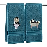 ctdepuzi 2 Pcs Black Cat Decorative Hand Towels for Bathroom Funny Animal in Tub Embroidered Bathroom Decor 100% Cotton Soft and Highly Absorbent Towels 13.4x29 Inch for Shower (Dark Green, Cat)