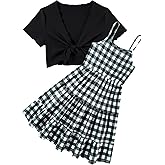 RAISEVERN 7-14Y Girls Adjustable Strap Cami Dress with Cardigan 2 Piece Set