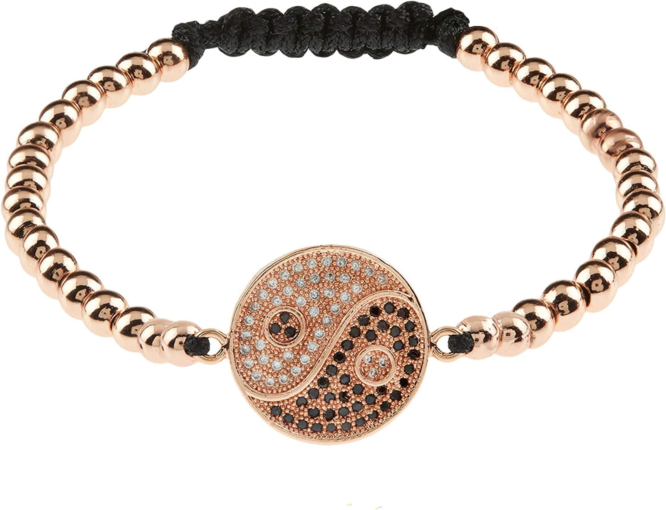 1858 Women's Bracelet with Ying and Yang Pendant Lucky Charm Stainless Steel Gold with Zirconia Crystals Adjustable