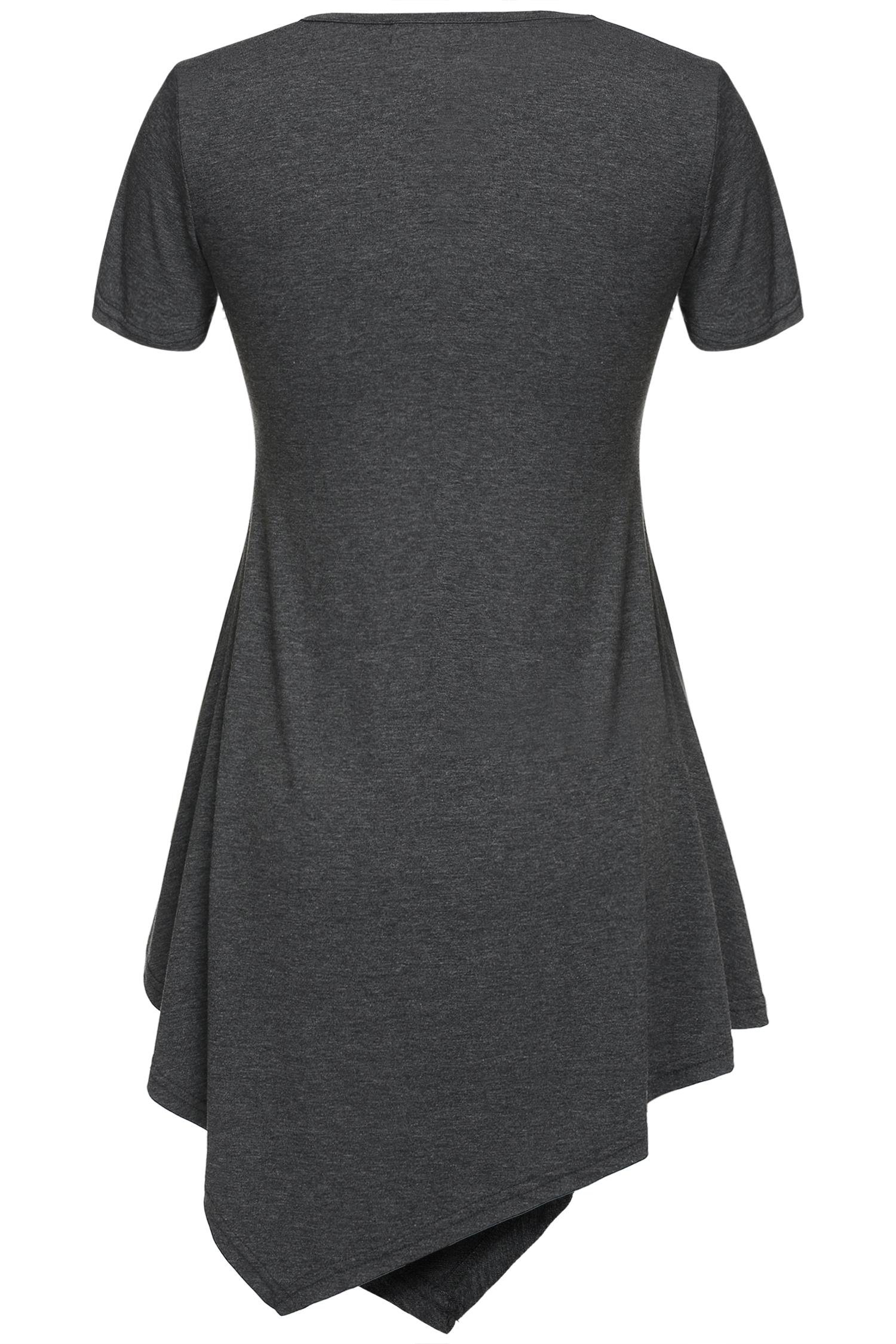 ELESOL Women\'s V Neck Short Sleeve Handkerchief Hem Lightweight Flare Tunic Top Dark Gray M