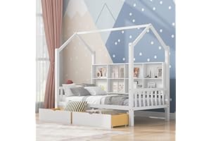 Jigichu Twin Bed Frames Wooden Twin Size House Bed with 2 Drawers,Kids Bed with Storage Shelf for Kids Teens Girls, Twin Bed Frames for Kids White,77.5" L x 42.1" W x 68.1" H