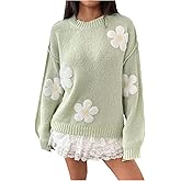 MakeMeChic Women's Y2k Cute Floral Sweater Crew Neck Long Sleeve Knit Pullover Tops