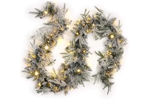 LAMPLUST Flocked Christmas Garland with Lights - 9 Ft, Artificial White Pine Garland with 100 Warm White LED Lights, Plug in, Christmas Decorations and Holiday Mantle Decor- Connect Up to 3 Garlands