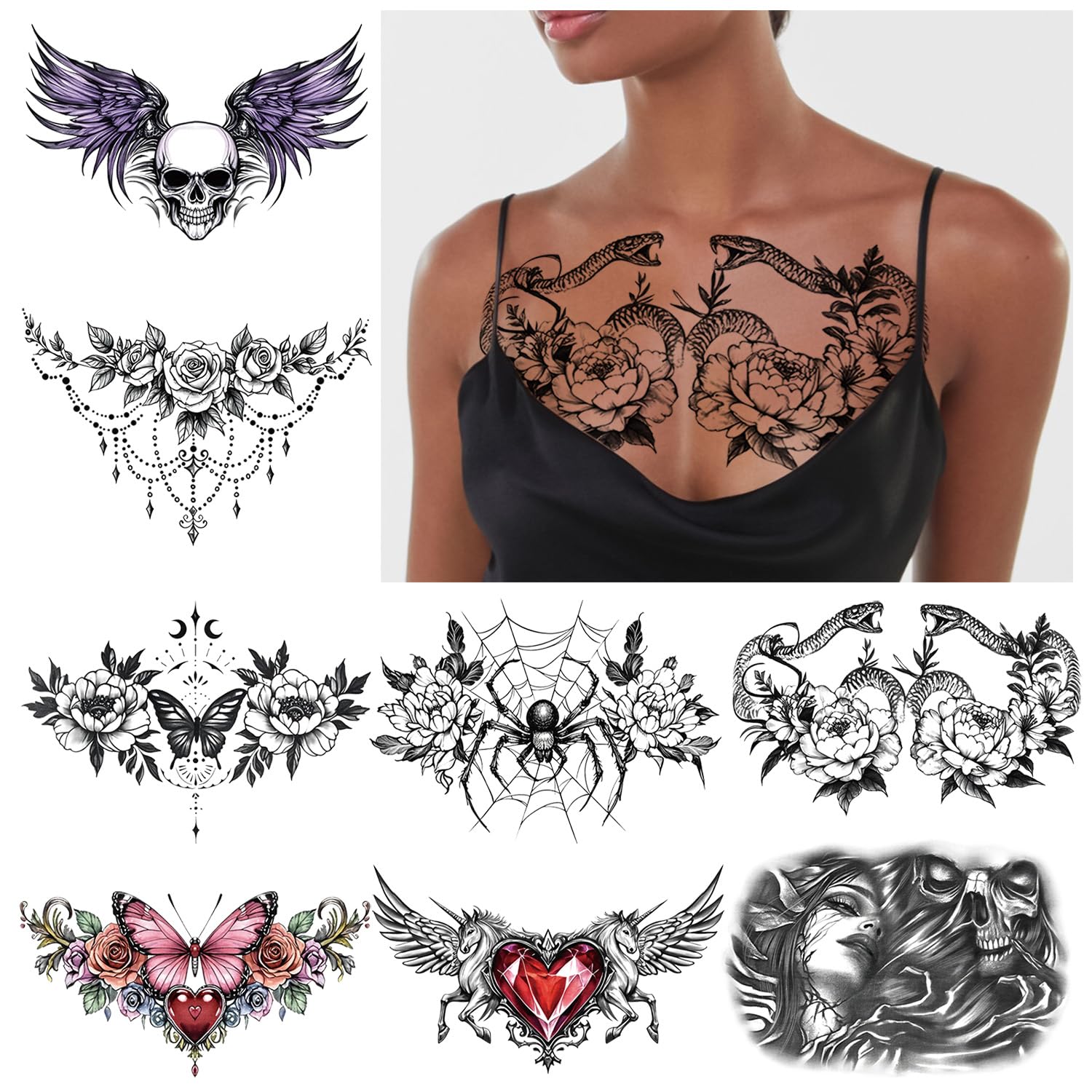 Photo 1 of 13 Sheet Large Chest Underboob Temporary Tattoos for Adult, 8PCS Sexy Abdomen Back Waist Flower Butterfly Tattoos for Women, 5PCS Eagle Skull Snake Fake Tattoo Body Scar Cover Belly Sticker for Men