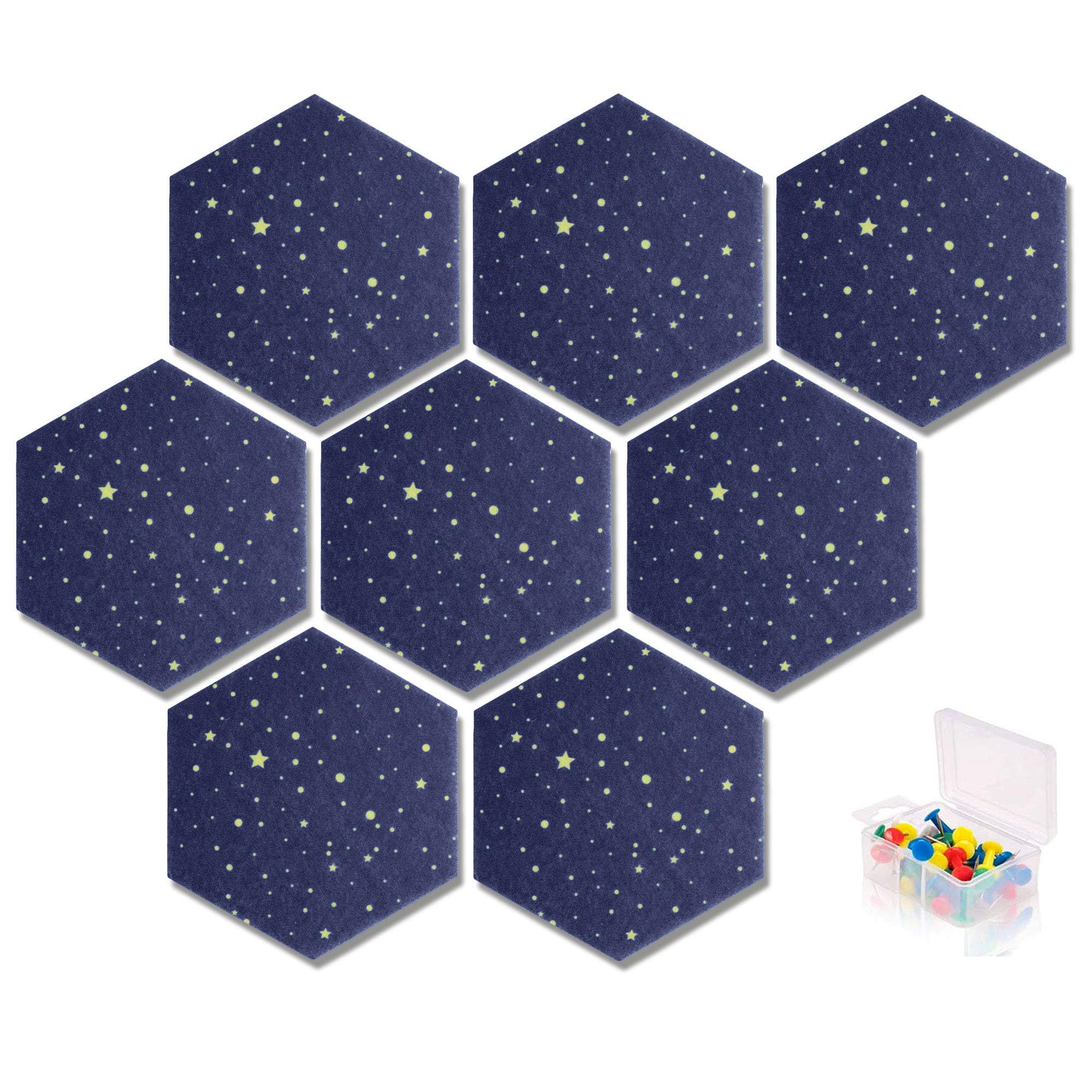 Yoillione Hexagon Felt Board Tiles Self Adhesive Notice Boards for Home and Office - Blue, 20 Push Pins