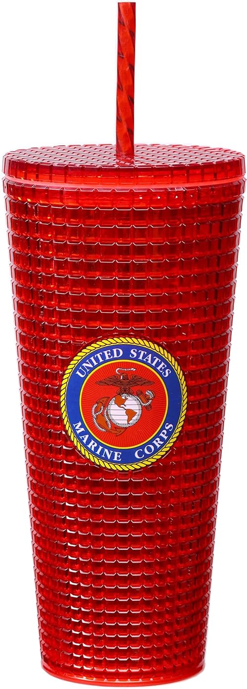 Spoontiques Diamond Tumbler, 20oz - Textured Cup w/Staw, Double Wall Insulated, BPA Free - US Marines