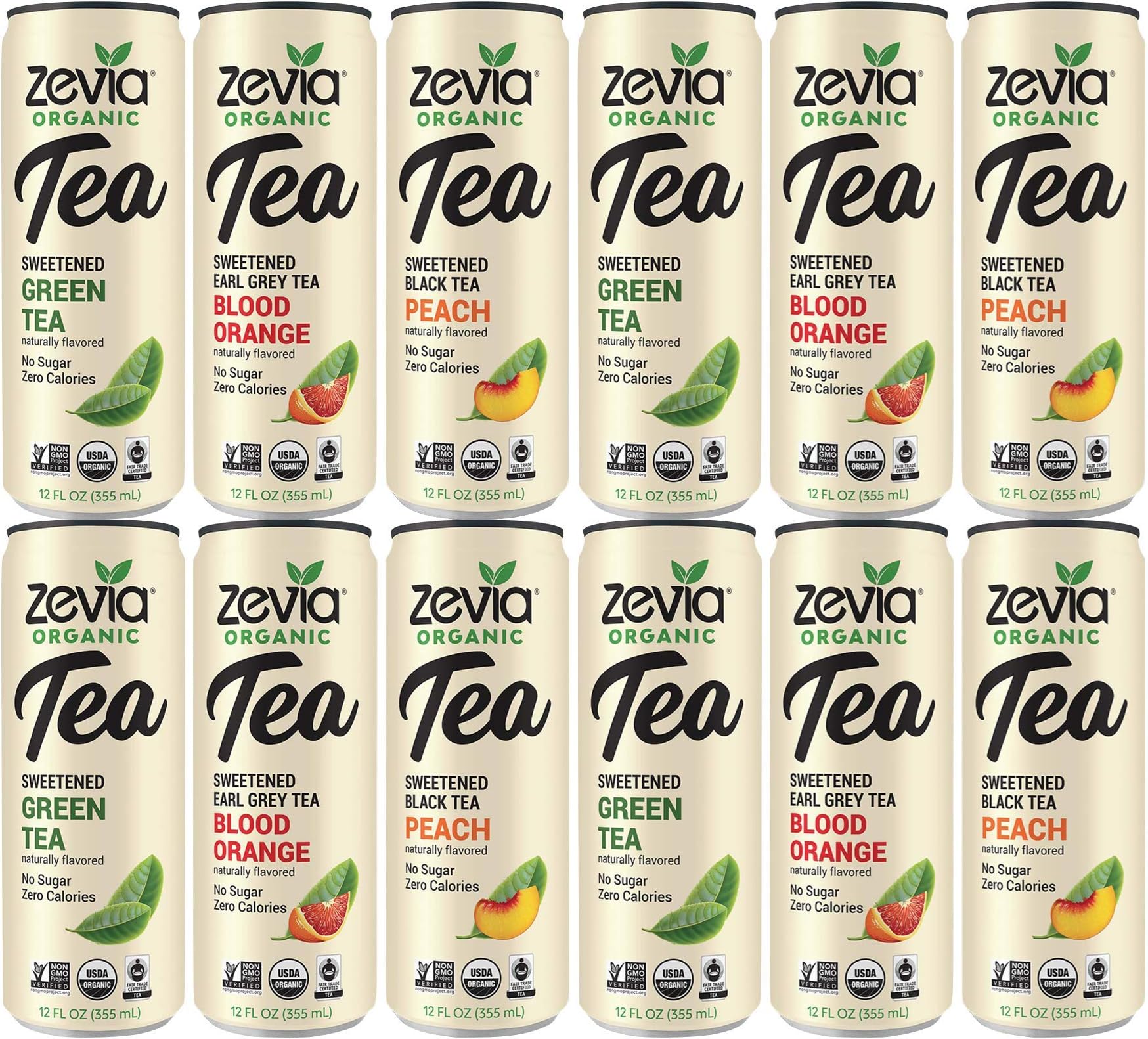 Bundle of Zevia Iced Tea Variety (12 pack) Green Tea, Peach Tea and Blood Orange