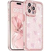 FABSPARK Case for iPhone 16 Pro,3D Pink Ribbon Bow,Crystal Clear Glitter Diamond Rhinestone Sequin Shiny Sparkly Bling,Aesthetic Transparent Soft for iPhone 16 Pro Case - Pink/Pink Bow
