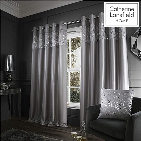 Catherine Lansfield Glitzy Eyelet Curtains Grey 90x90 Inch