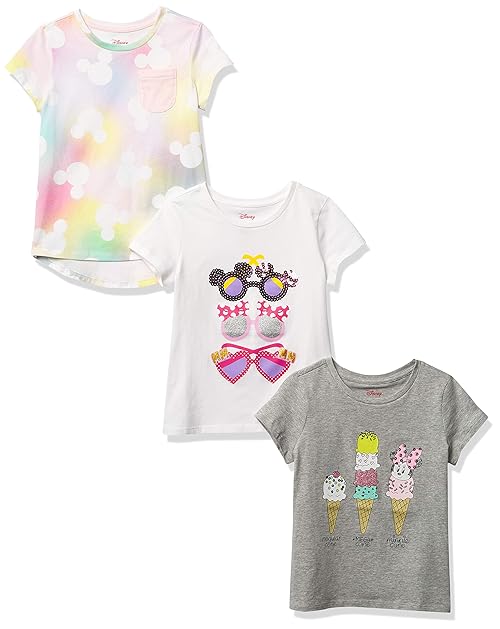Amazon Essentials Disney | Marvel | Star Wars | Frozen | Princess Toddler Girls' Short-Sleeve T-Shirts, Pack of 3, Grey Minnie/White/Summer, 4T