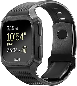 Shangpule Fitbit Versa Bands, Silicone Versa Rugged Wristband with Protective Case Frame, Anti-Impact Replacement Bands Quick Release Watch Bands Strap for Fitbit Versa (Black)