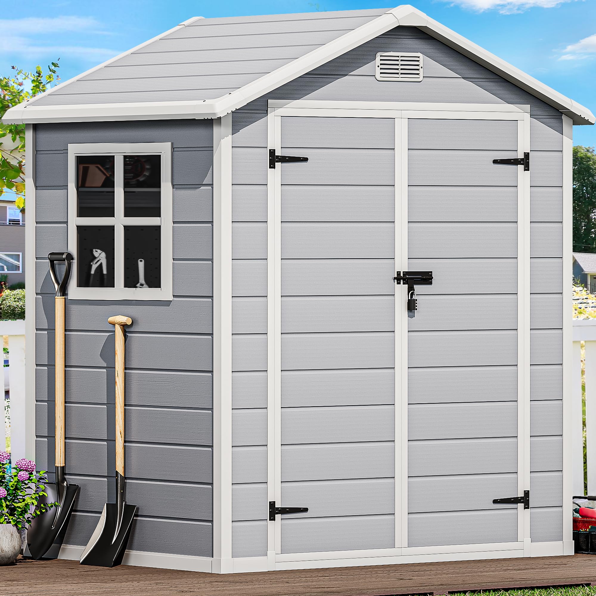 Photo 1 of *PARTIAL SET 1 OF 2* DWVO 6x4.4 FT Outdoor Resin Storage Shed with Reinforced Floor, All-Weather Bike Storage Shed with Lockable Door, Window and Vent, Waterproof Plastic Tool Storage for Garden, Backyard, Patio, Lawn