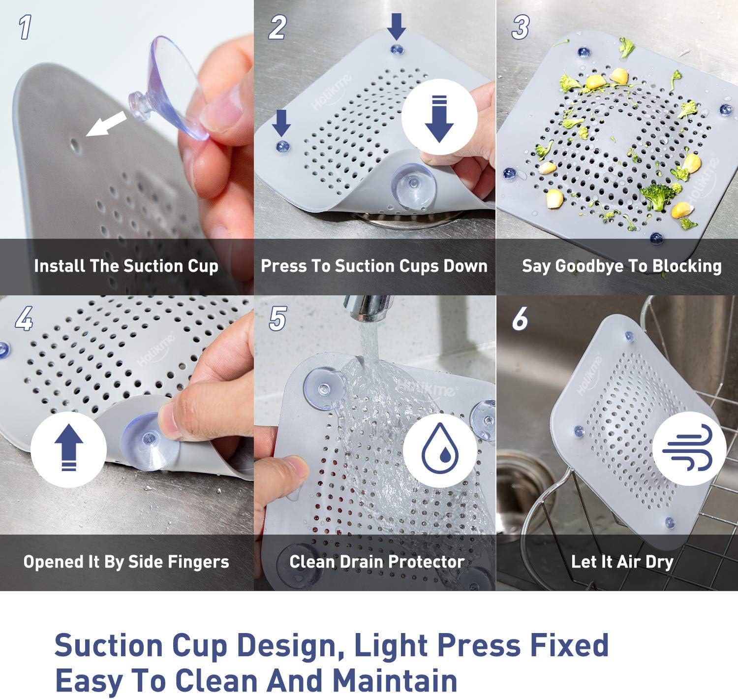 Holikme Drain Hair Catcher Shower Drain Cover Strainer, 2 Pack Silicone Drain Protector with 12 Detachable Suckers, Shower Drain Hair Trap for Tub,Bathroom,Kitchen,Bathtub,Basin, Grey/Grey: Kitchen & Dining
