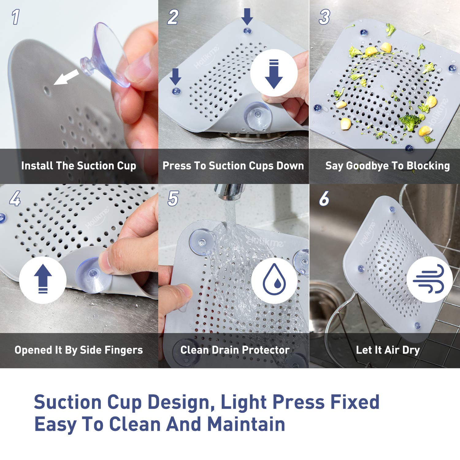 Holikme Drain Hair Catcher Shower Drain Cover, 2 Pack Silicone Drain Protector with 12 Detachable Suckers, Shower Drain Hair Trap for Tub,Bathroom,Kitchen,Bathtub,Sink,Wash Basin, White/Grey