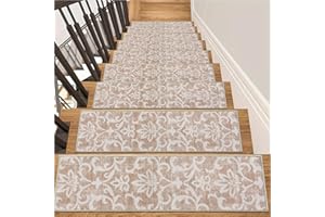 Lahome Carpet Stair Treads Non Slip Backing, 15 Pack 8" X 30" Stair Treads for Wooden Steps Indoor, Soft Washable Stairway Stair Runners Oriental Staircase Rugs for Kids Pets Elders(15pc, Beige)