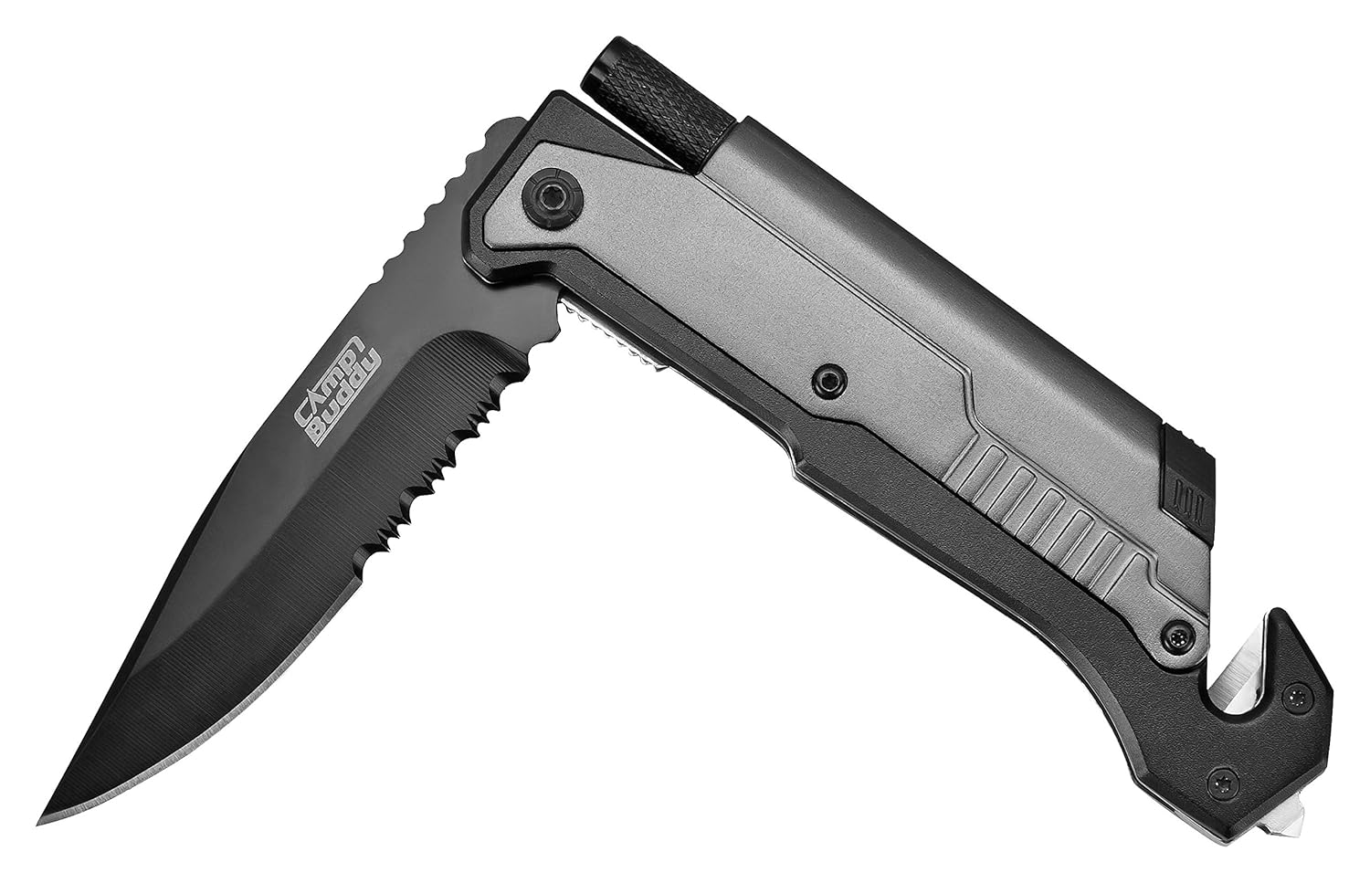 Camp Buddy navaja de supervivencia:  plegable con luz LED correa rompedor