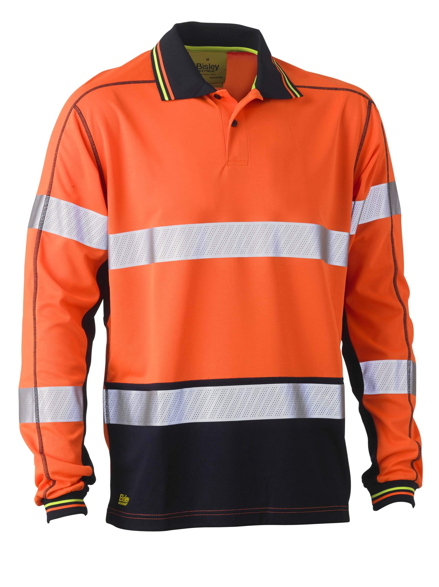 Bisley UKK6219T_TT05 Taped 2 Tone Hi-Vis Mesh Polo Shirt Long Sleeve - Orange/Navy, 2X-Large