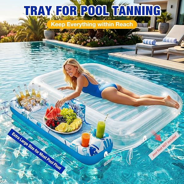 AYEBOOVI EXTRA LARGE INFLATABLE TANNING POOL FLOAT TRAY – 61″ L X 18″ W NON-SLIP SUNBATHING BED TRAY WITH COOLER ICE BAR FOR TANNING LOUNGE RAFT & BLOW UP SUNTAN TUB POOL STUFF PARTY GIFTS