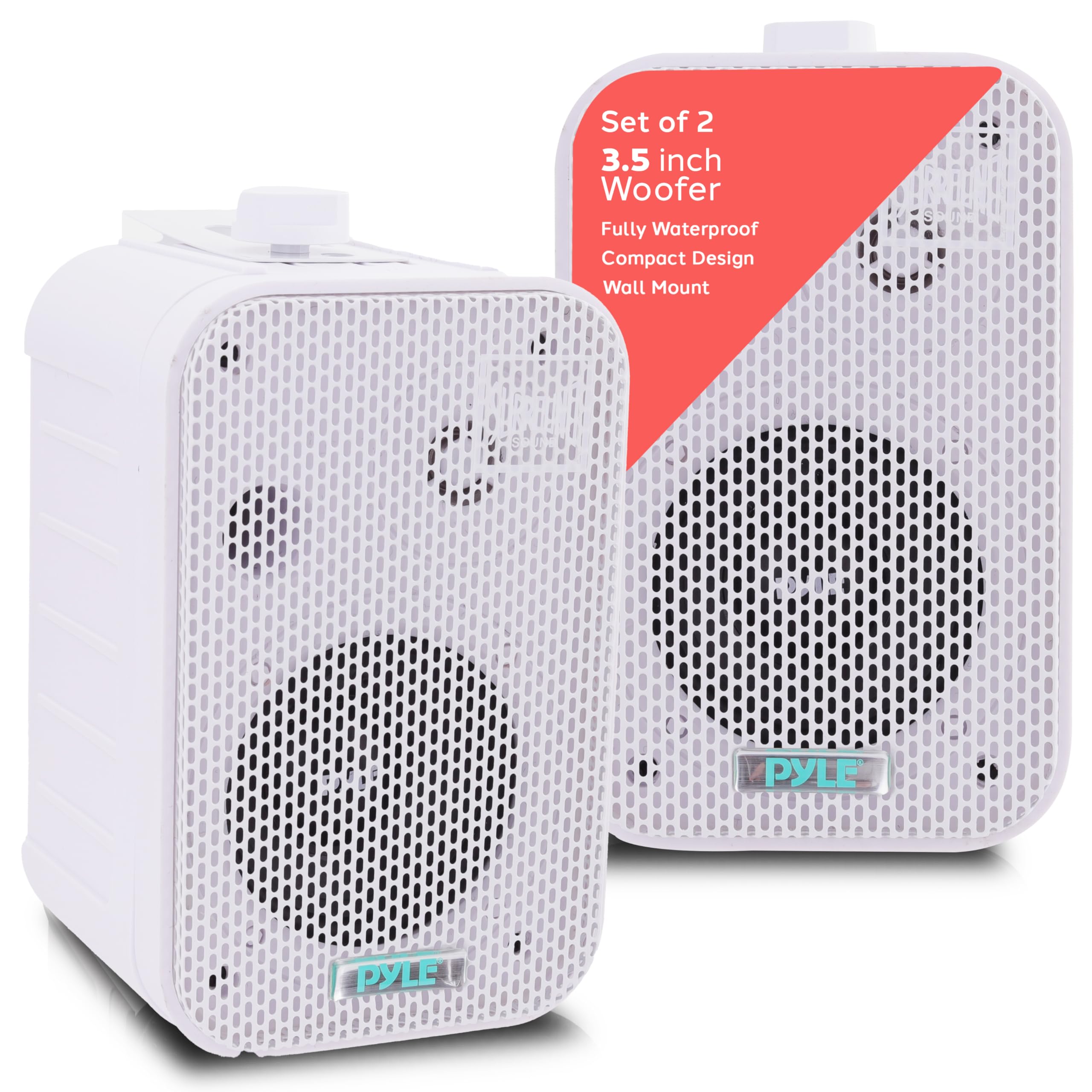 Pyle Home Dual Waterproof Outdoor Speaker System 300W - 3.5 Inch/8.9cm Pair of Weatherproof Wall/Ceiling Mounted Speakers, Heavy Duty Grill, Universal Mount, For Pool, Patio, Boat, Indoor, (White)