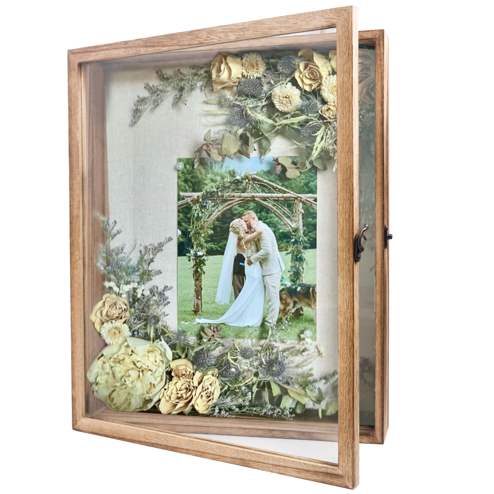 Photo 1 of GraduatePro Shadow Box Frame 13x16 Display Case with Linen Back, Real Glass Window Door with Hinge, Picture Frame Wedding Bouquet Memorabilia Medals Photos Memory Box for Keepsakes, Carbonized Black