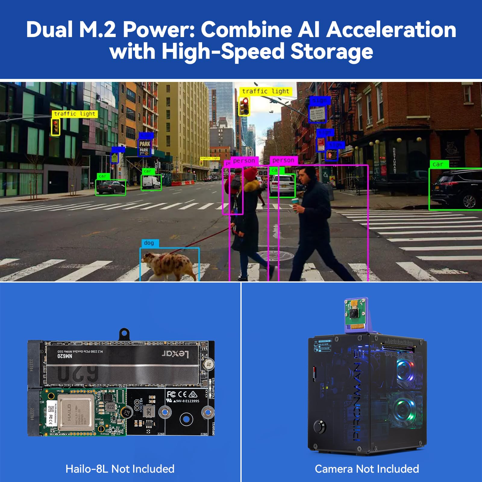 Pironman 5-MAX Dual NVMe M.2 SSD PCIe PC Case for Raspberry Pi 5 NAS RAID 0/1 Hailo-8L AI Accelerator PWM Tower Cooler+Dual RGB Fans, 0.96