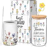 Nuogo Teacher Appreciation Gifts for Women Iced Coffee Cup 16oz Glass Cup with Straw Stopper and Sleeve for Teacher's Day with Thank You Gift Box(Flower)