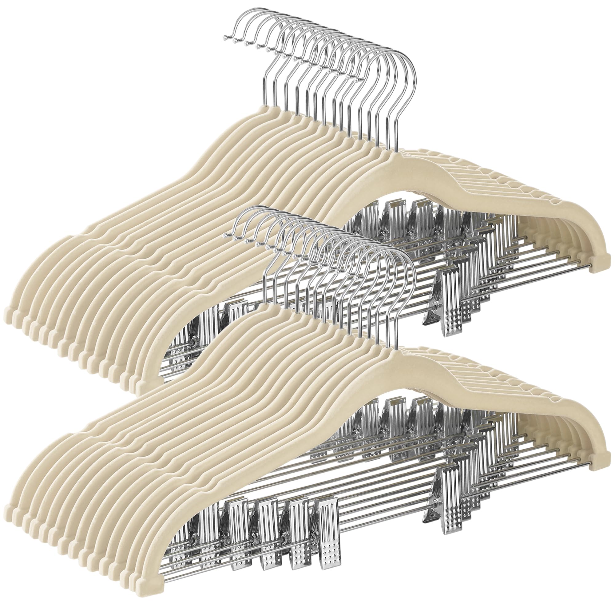 SONGMICS 20-Pack Pants Hangers, 16.7-Inch Long Velvet Hangers with Adjustable Clips, Heavy-Duty, Non-Slip Skirt Hangers, Space-Saving for Pants, Skirts, Coats, Dresses, Sandy Beige UCRF012K20 Image