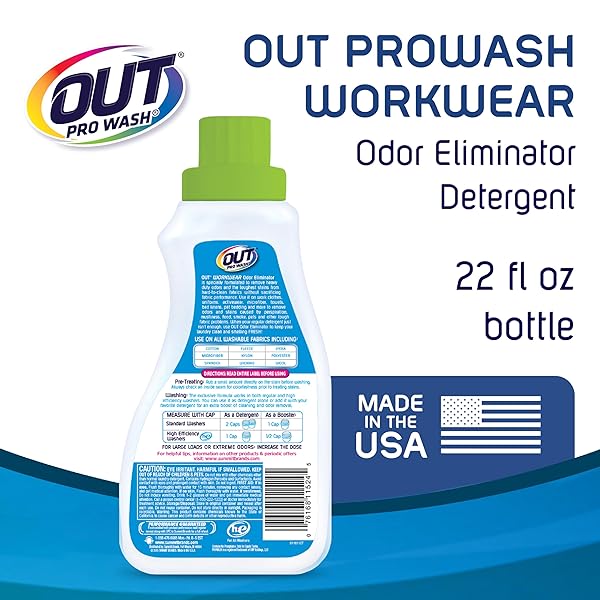 OUT PROWASH WORKWEAR STAIN REMOVER LAUNDRY DETERGENT AND ODOR ELIMINATOR, GREAT FOR WORK CLOTHES, UNIFORMS, ACTIVE WEAR, AND MORE, MADE IN THE USA, 22 OUNCE BOTTLE