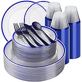 Beststar 350PCS Blue and Clear Plastic Dinnerware Sets for 50 Guests, Include 100 Blue Disposable Plates, 100 Forks, 50 Knives, 50 Spoons, 50 Cups,christmas party supplies