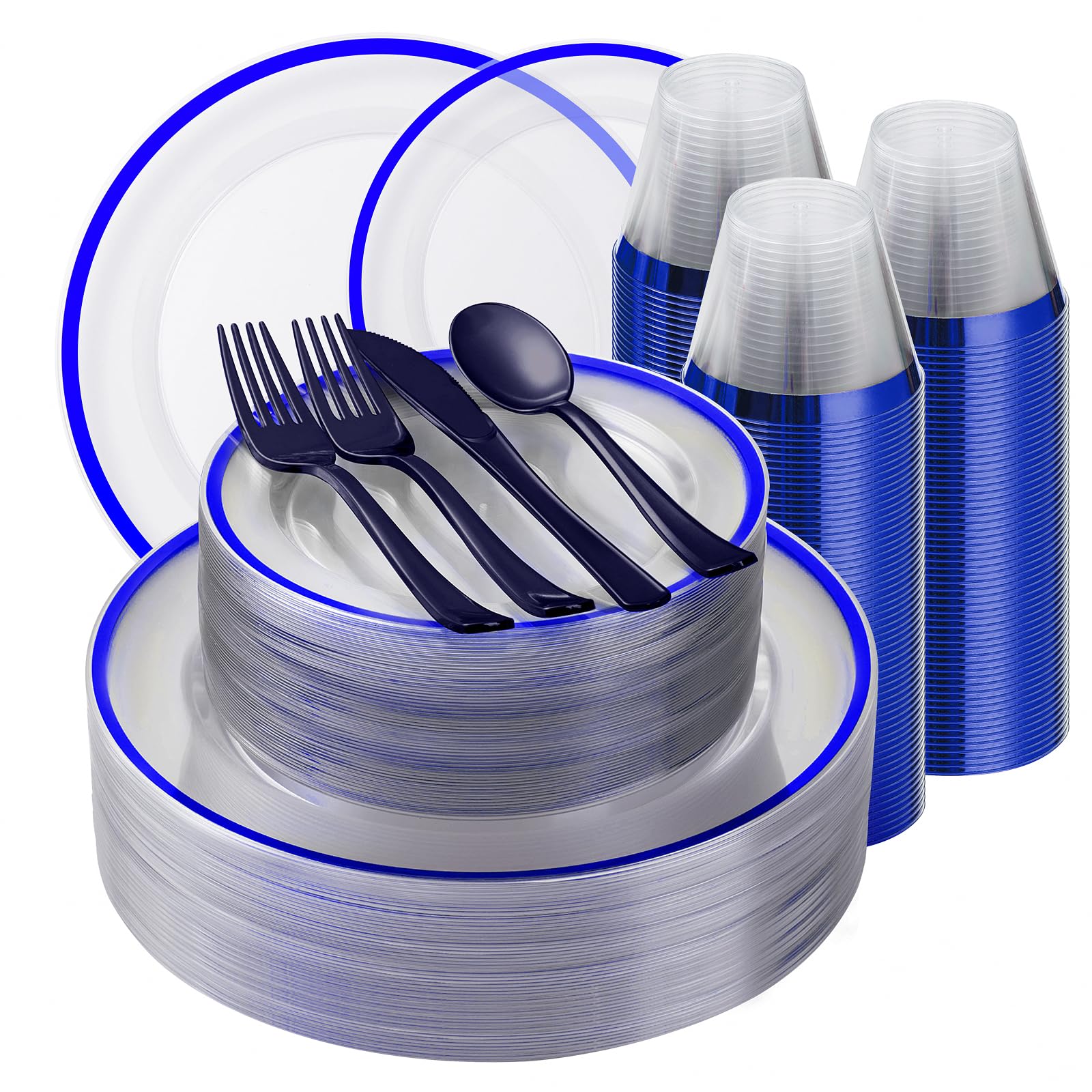 Photo 1 of Beststar 350PCS Blue and Clear Plastic Dinnerware Sets for 50 Guests, Include 100 Blue Disposable Plates, 100 Forks, 50 Knives, 50 Spoons, 50 Cups
