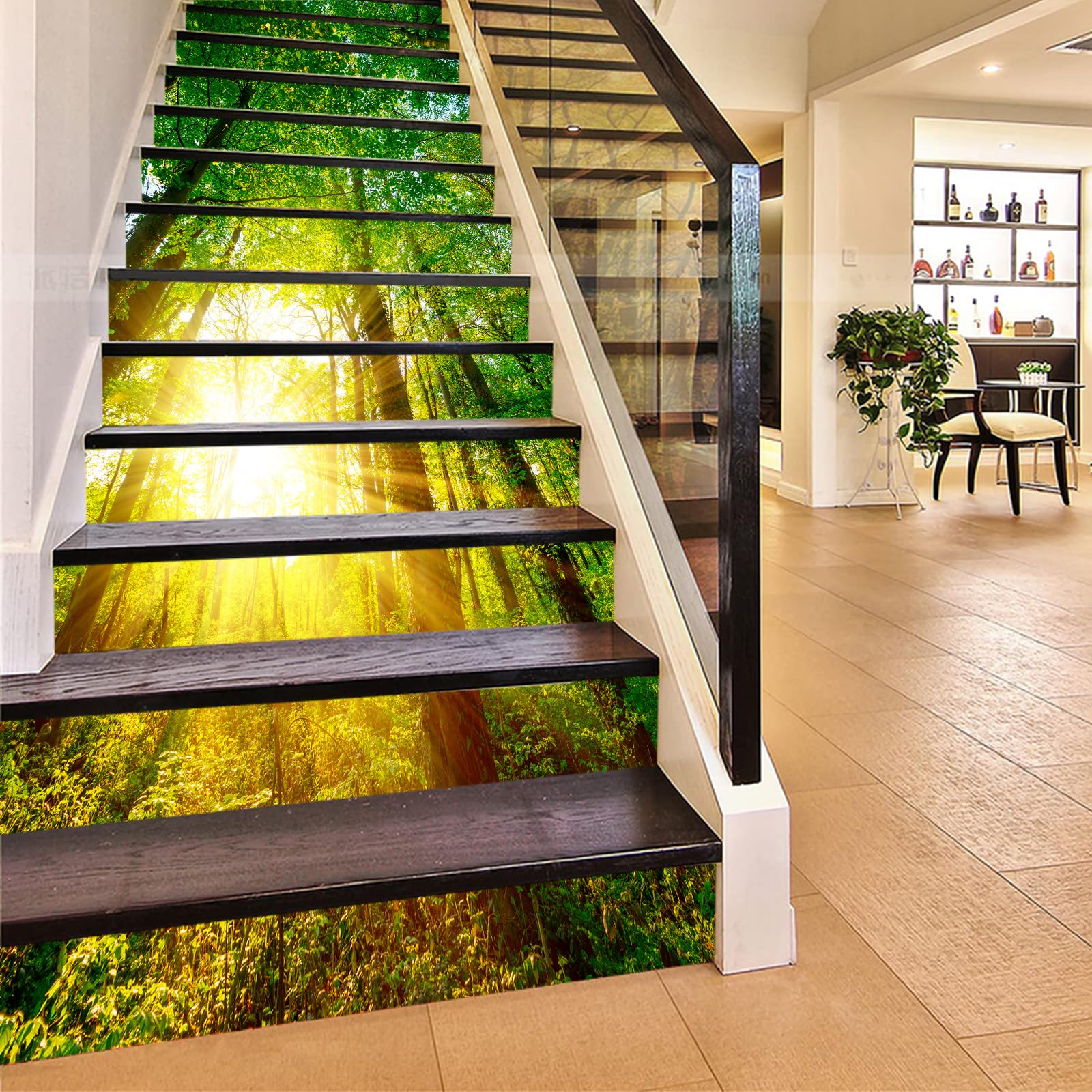 FLFK 13Pcs Stair Risers Stickers Peel and Sick 39.37"x7.08",Self-Adhesive Staircase Stickers Decals, Sunshine Green Trees Forest Mural Wallpaper for Stair Steps