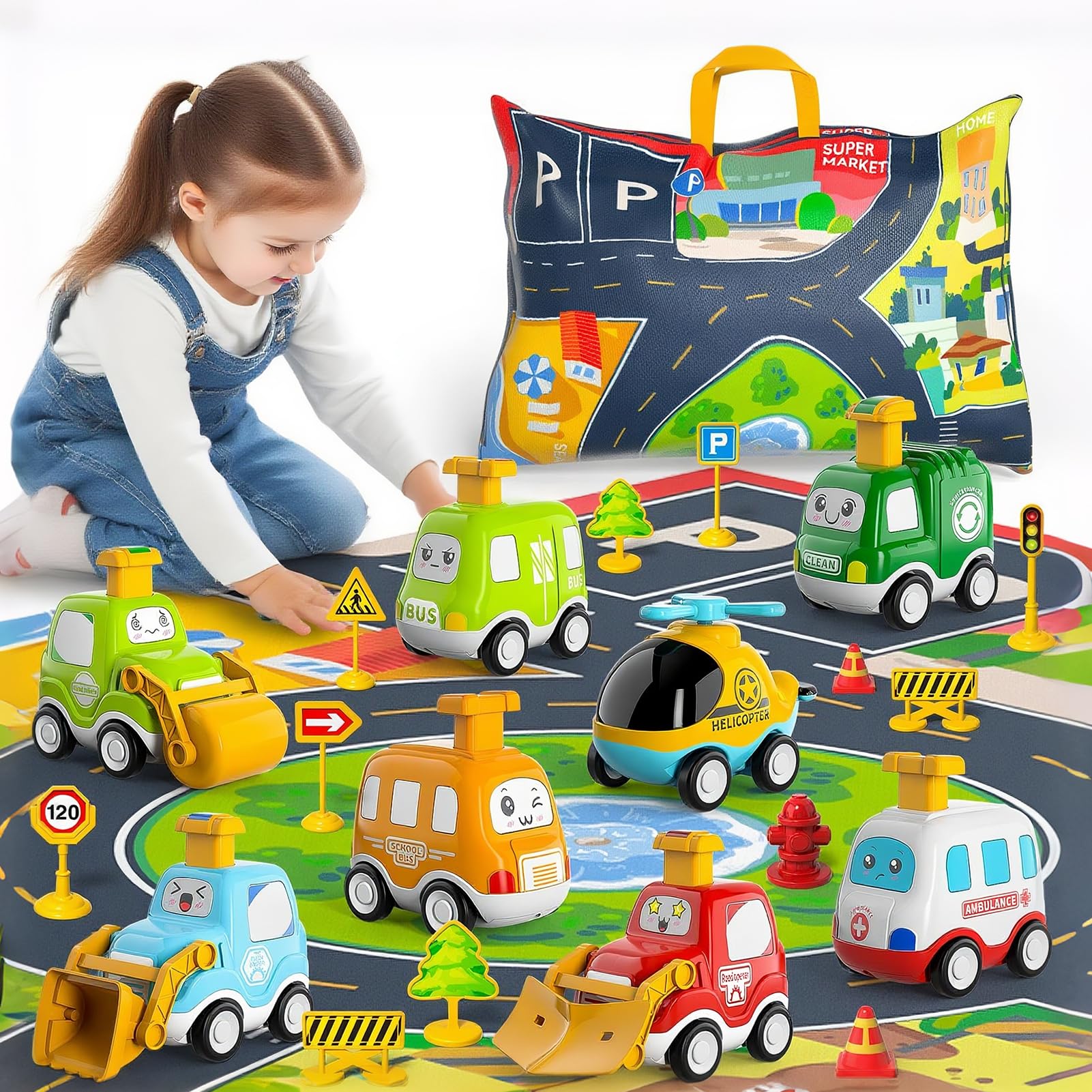 BLmukce Cartoon Cars Kids Toys for 3 Year Old Boys and Girls, Toddler Motor Vehicle Playset, Storage Bag, and Playmat, Birthday Gifts for Babies (8 Cars+Map)