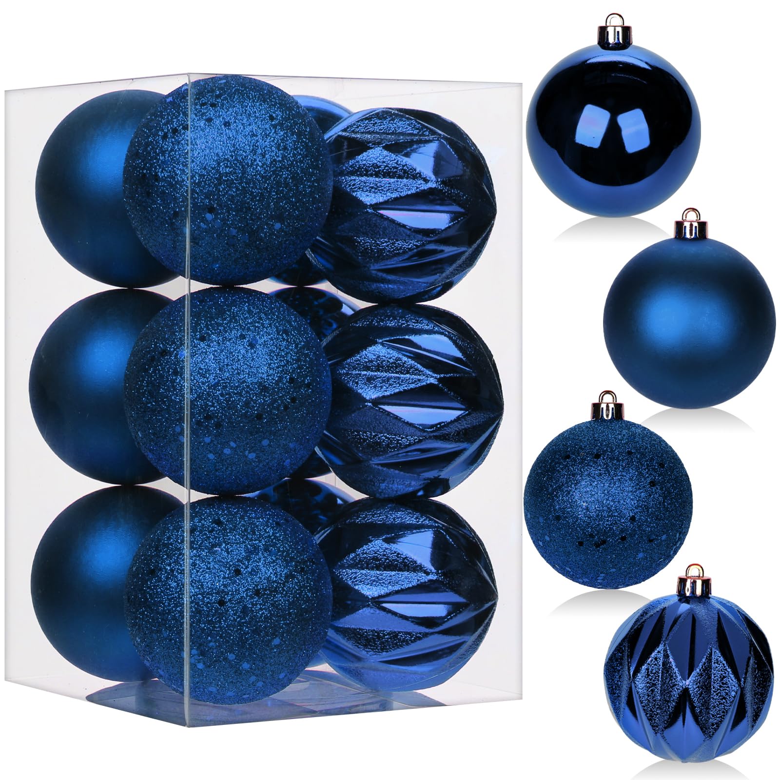 12 pcs Christmas Baubles Xmas Ball Ornaments with Strings, 80mm/3.1" Dark Blue Shatterproof Plastic Hanging Decorations, Christmas Tree Pendants for Home Party Wedding Holiday
